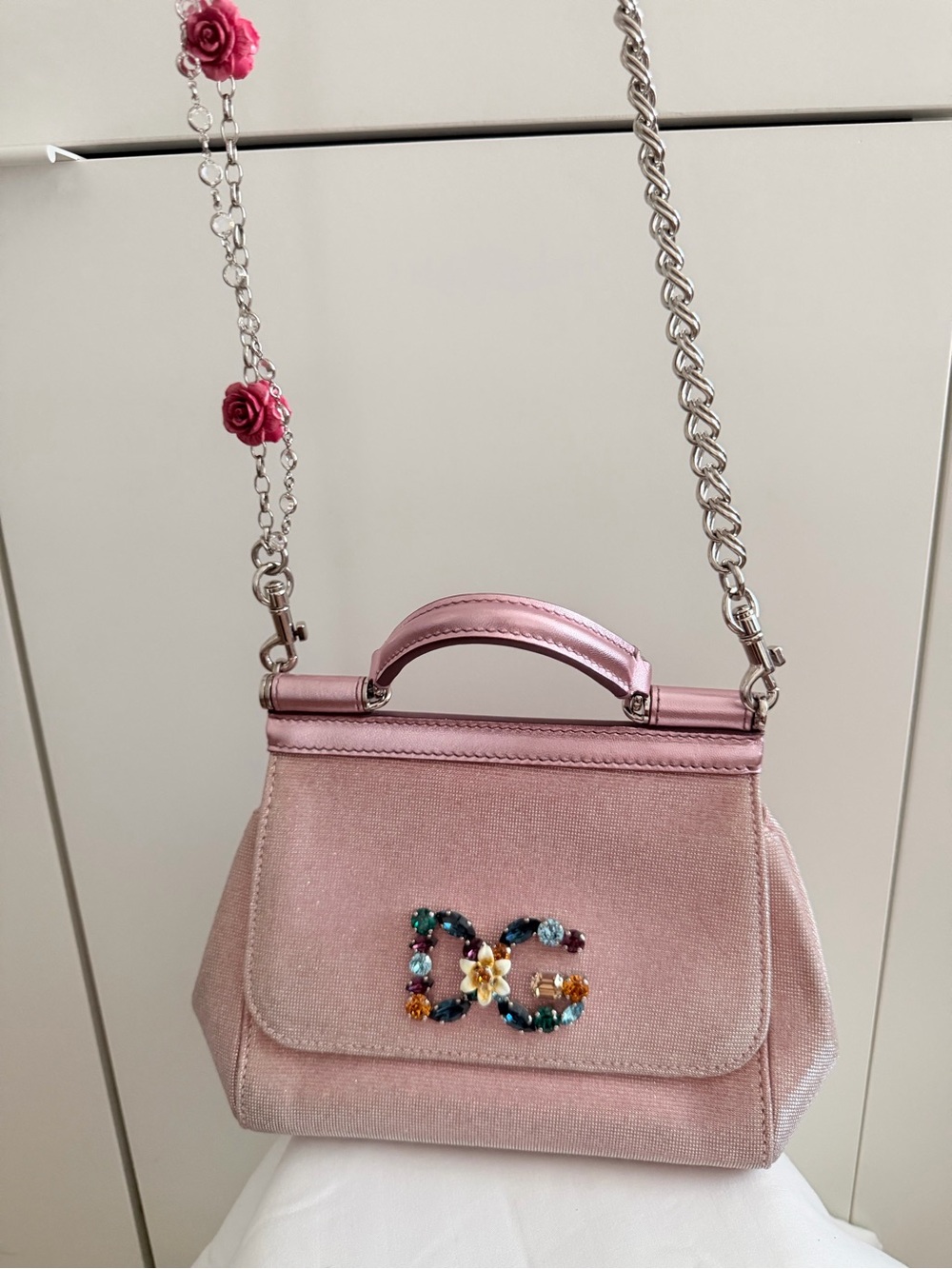 Dolce & Gabbana Mini Miss Sicily Metallic Pink Crystal DG Shoulder Bag